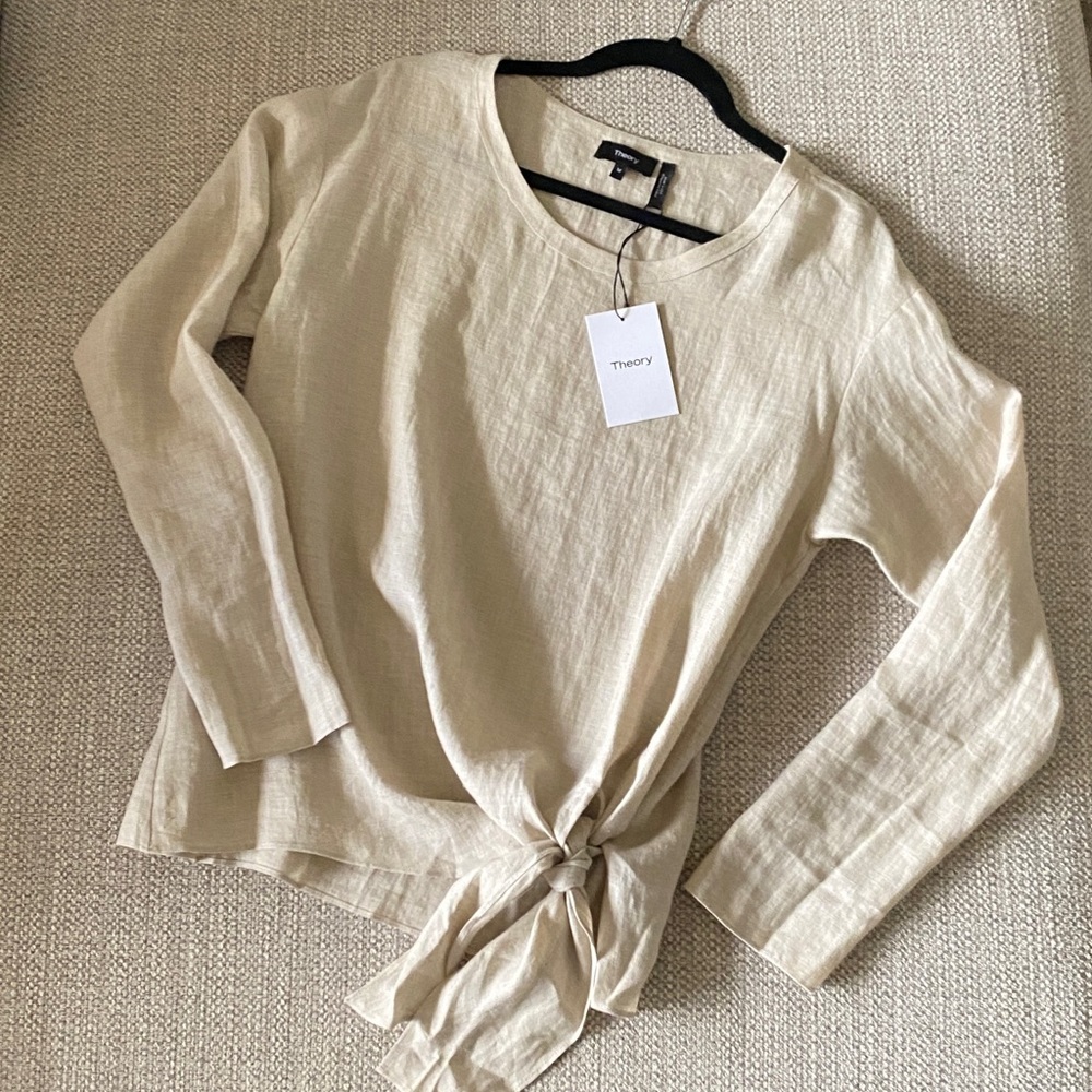Theory 100% Linen Serah Long Sleeve Blouse w Tie At Side NWT Size M